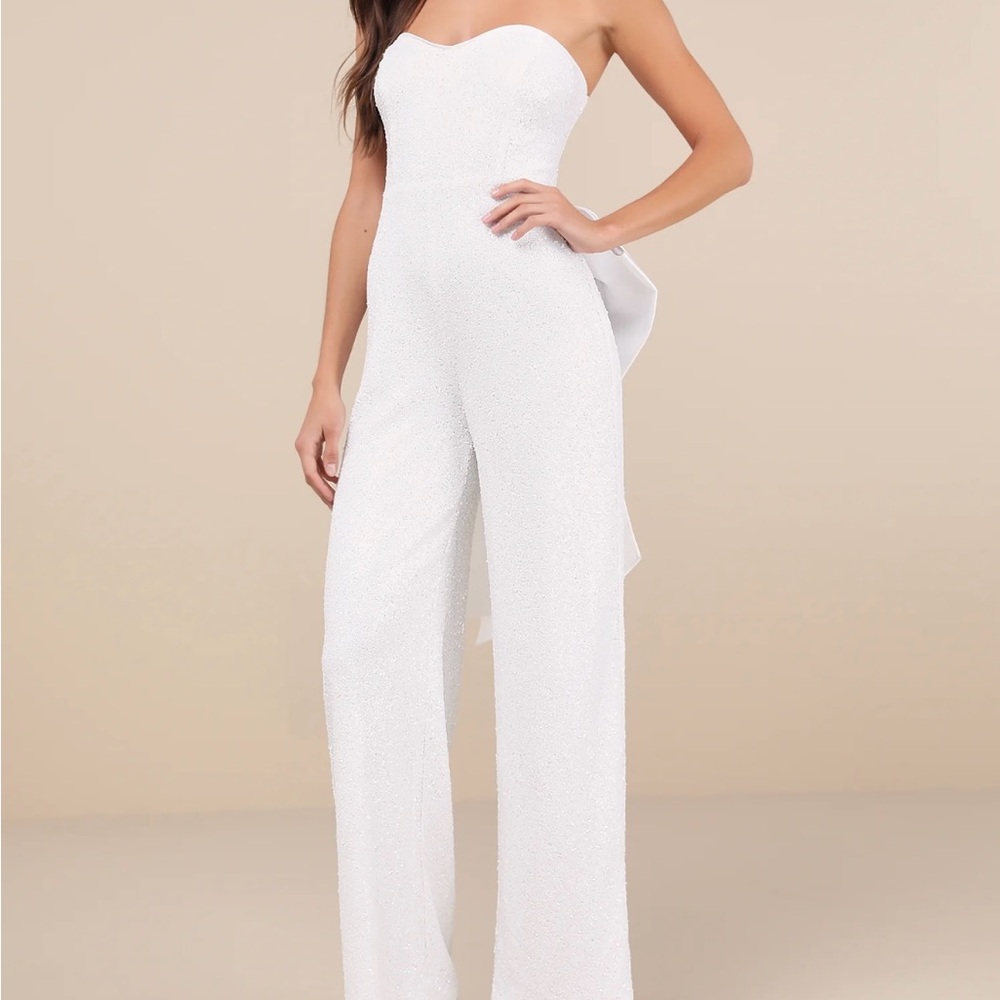 White Sequin Strapless Jumpsuit
